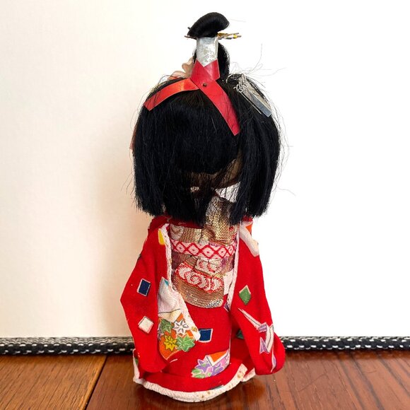 Vintage Japanese Doll Cloth Face - Fabric Kokeshi Kawaii Doll - Red Kimono - Picture 3 of 12